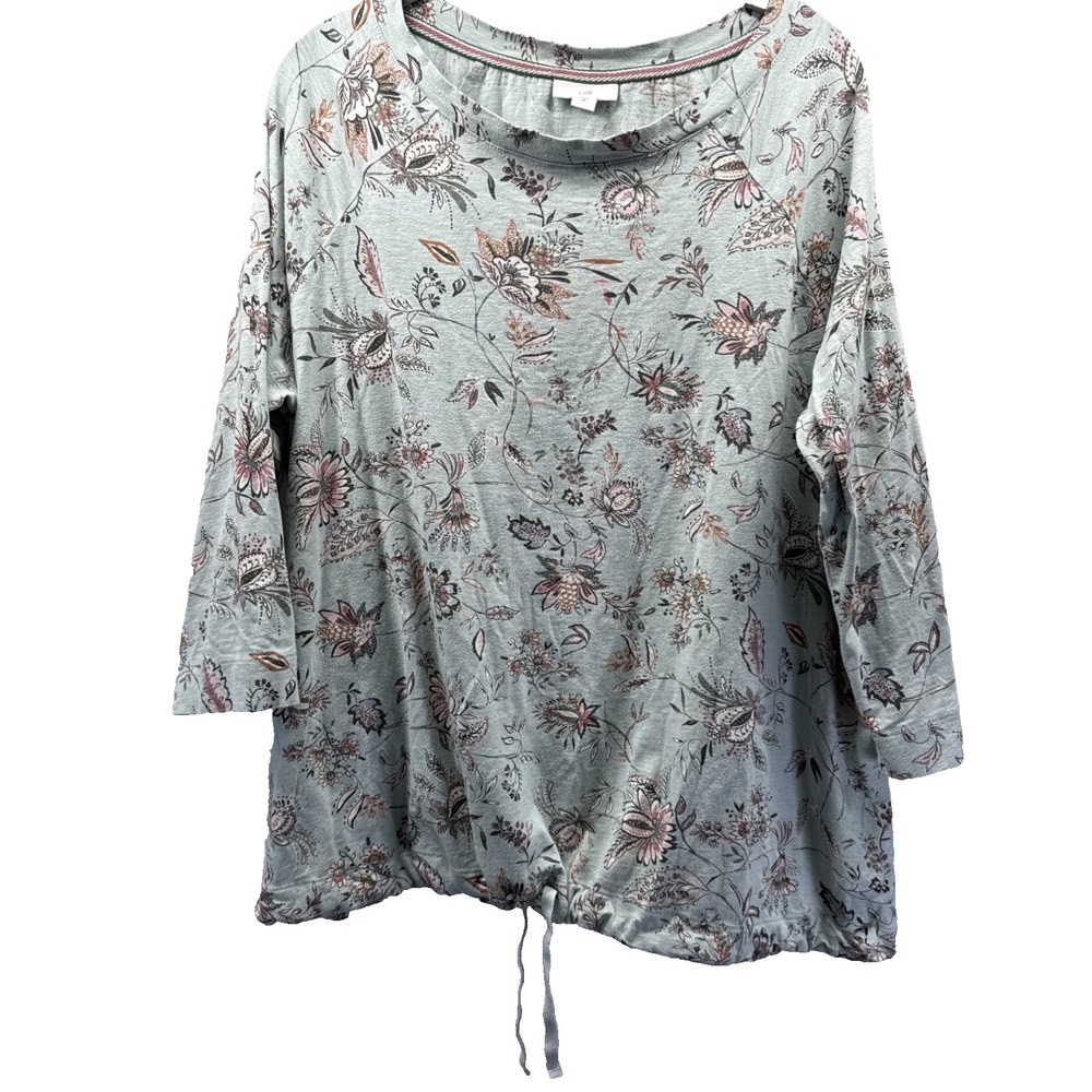 J Jill Women XL Blue Floral 3/4 Sleeve Tie Front Cotton Tencel Pullover Top